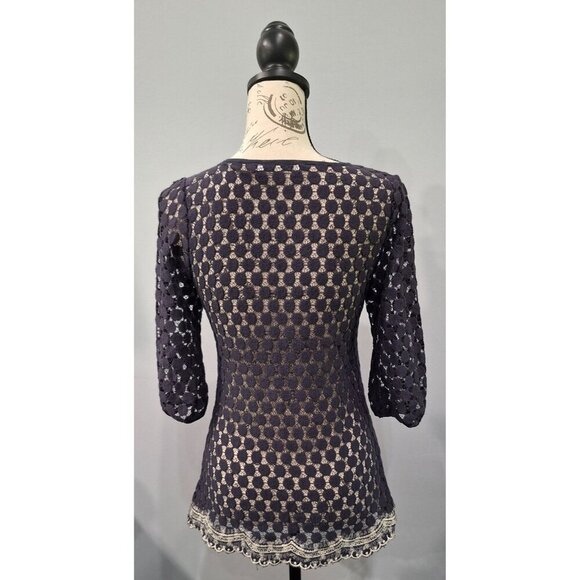 Solitaire Navy Blue Crochet Blouse With Ivory Embroidered Detailing & Tie Neck 3 - Picture 2 of 7